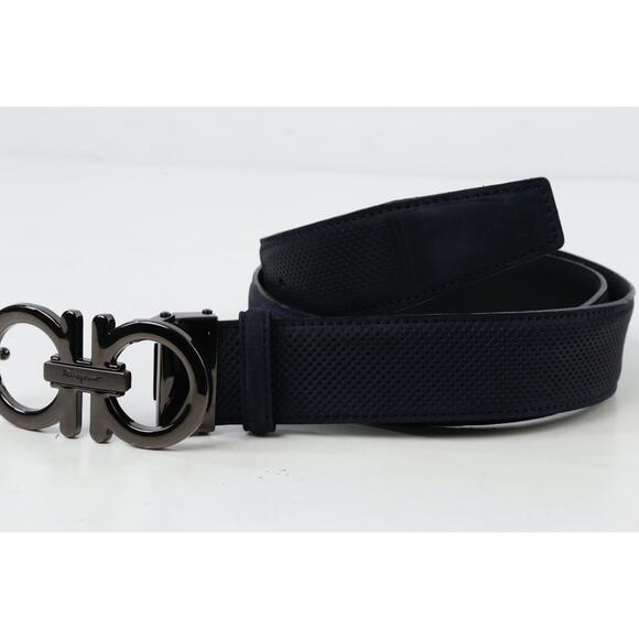 Salvatore Ferragamo Belt 120 Navy Blue Perforated Leather Gunmetal Gancini Luxe main image 4